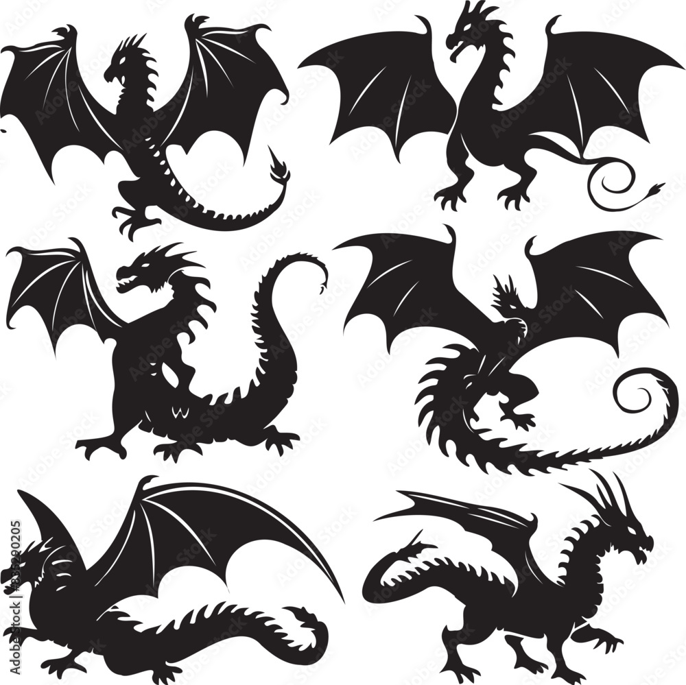 Set of dragons black silhouettes Set of dragons black silhouettes