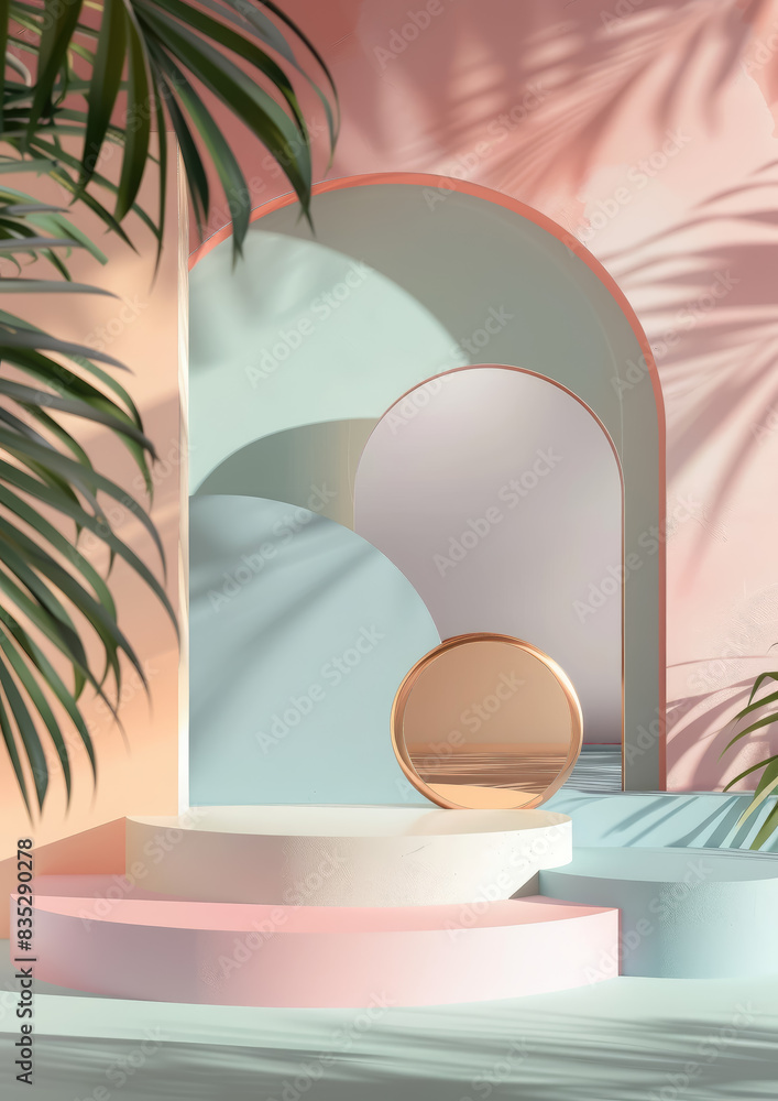 Fototapeta premium podium made of abstract geometric shapes, background for photo, product photography, stand, design, wallpaper, architecture, interior, studio, decor, figure, arch, cube, light, advertisement, 3d, form