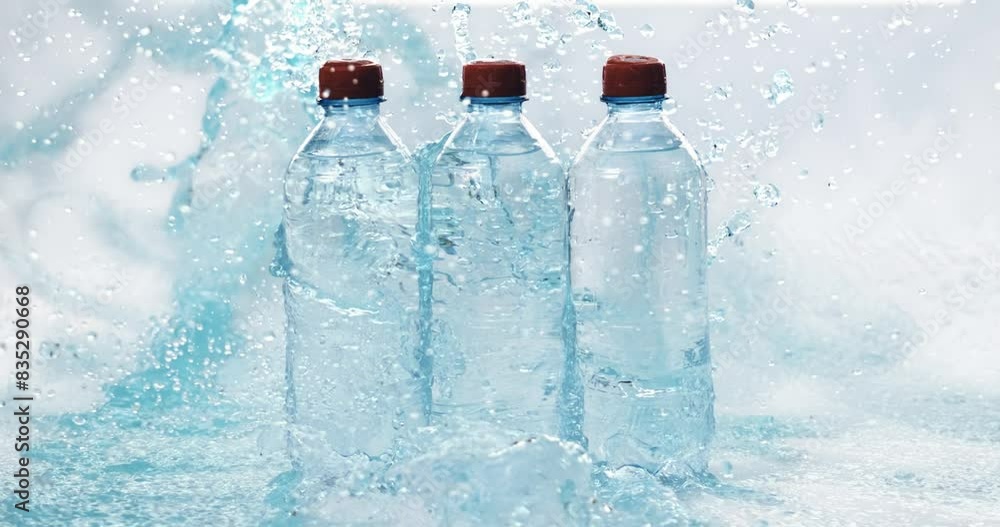 Fresh Drinking water bottles in splash blue water. Shot on super slow motion camera 1000 fps. Fresh Drinking water bottles in splash blue water. Shot on super slow motion camera 1000 fps.