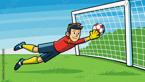 Dynamic Cartoon Goalkeeper Diving for a Soccer Ball on Field