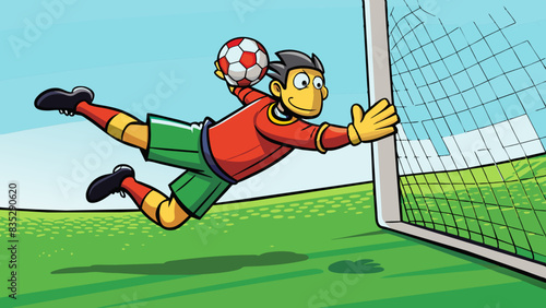 Cartoon Goalkeeper Making a Diving Save During Soccer Match