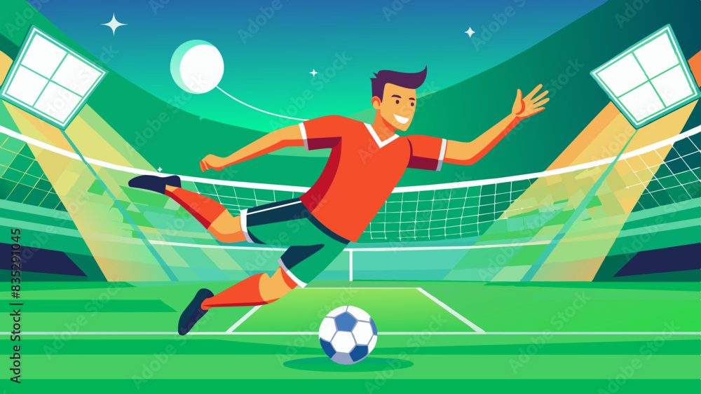 Dynamic Soccer Player Scoring a Goal at Night Match Dynamic Soccer Player Scoring a Goal at Night Match