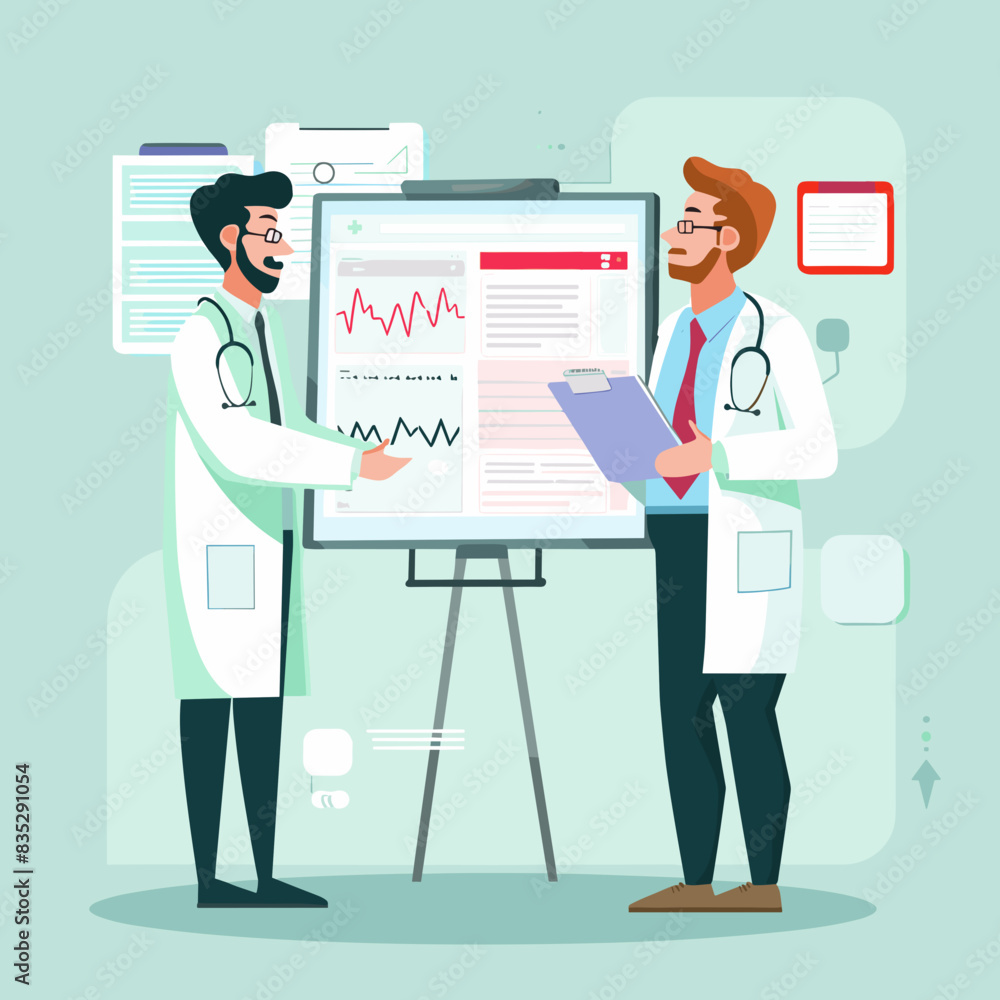 Two Doctors Discussing Medical Chart on Green Background Two Doctors Discussing Medical Chart on Green Background