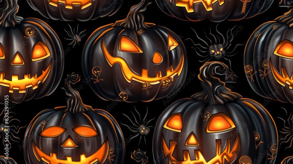 Realistic black pumpkins with glowing faces in a dark setting. Spooky and eerie design perfect for Halloween themes. Seamless. Realistic black pumpkins with glowing faces in a dark setting. Spooky and eerie design perfect for Halloween themes. Seamless.