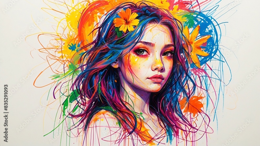 Portrait of a girl with flowers in her hair, drawing style