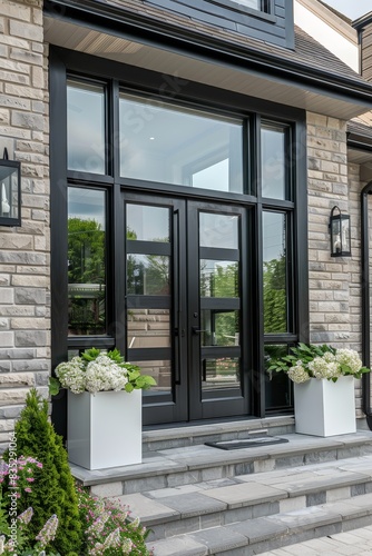 Modern front door with a black frame and glass, framed by square planters