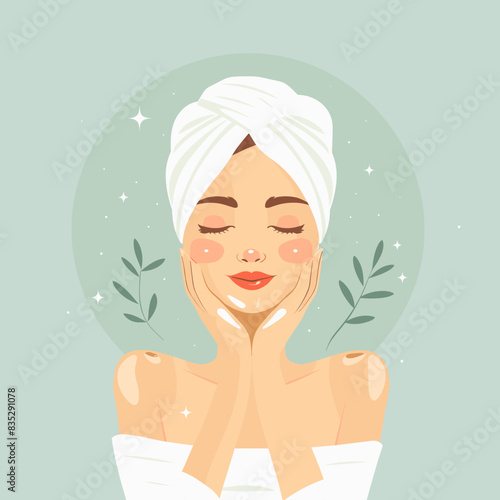 Woman Relaxing with Towel Wrapped Around Head on Green Background