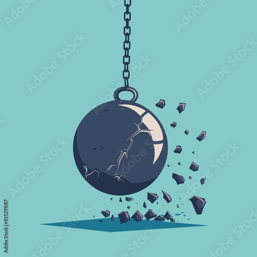 Wrecking Ball Breaking Wall on Blue Background