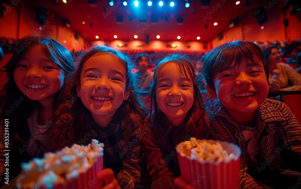 Smiling children with popcorn in a movie theatre Smiling children with popcorn in a movie theatre