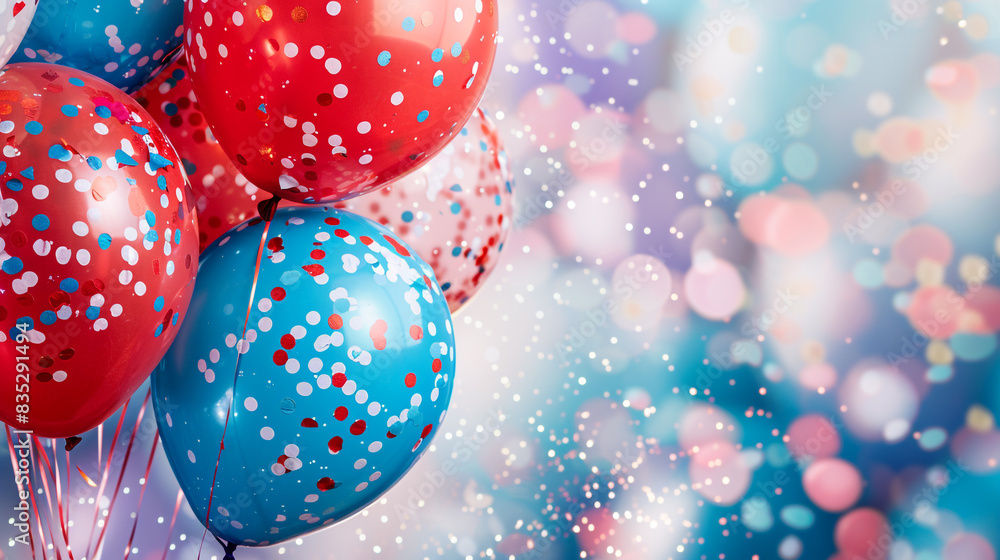 Close-up of red, white, and blue balloons on the bottom left corner, with confetti sparkle, in a vibrant indoor setting Close-up of red, white, and blue balloons on the bottom left corner, with confetti sparkle, in a vibrant indoor setting