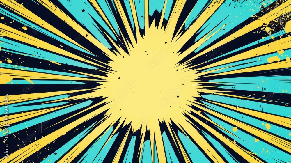 Fototapeta premium Bright comic-style explosion with yellow center and dynamic black and blue lines radiating outward, creating a striking and energetic visual impact.