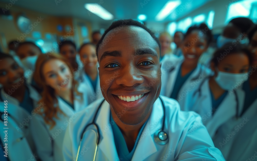 Smiling group of medical professionals standing together in a hospital Smiling group of medical professionals standing together in a hospital