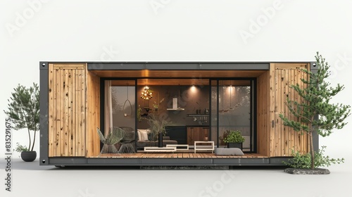 Modern architecture of tiny container wooden house isolated 