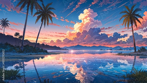 Lake reflection clouds palm trees, nature Anime style illustration, flat vector art, anime background © Watercolor Resources