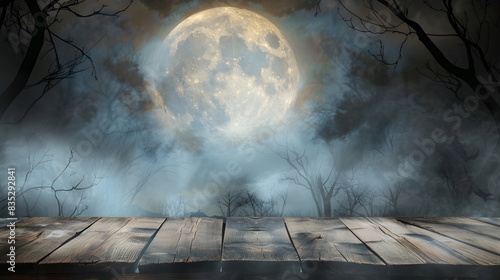 Halloween background with full moon and dark forest with wooden table top for product display, with copy space area