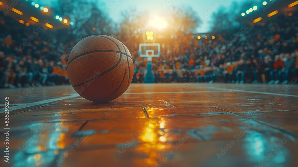 basketball ball on floor at court stand full with people and spotlights background basketball ball on floor at court stand full with people and spotlights background