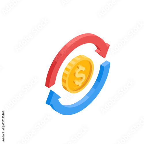 isometric arrows around a coin with the dollar icon, in color on a white background, currency exchange