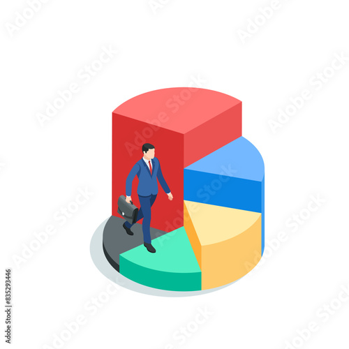 isometric vector business man running up a pie chart like steps up, in color on a white background, best financial performance or success