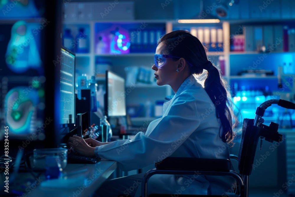 Obraz premium This image depicts a focused scientist in a wheelchair working intently in an advanced laboratory, illustrating high-tech inclusivity