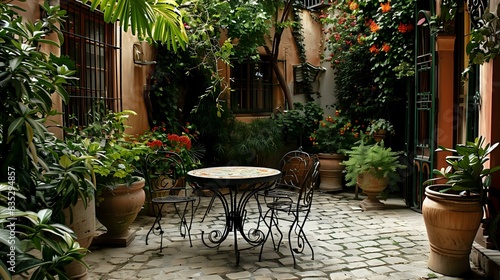 an elegant view of courtyard having a table and chairs © afrah