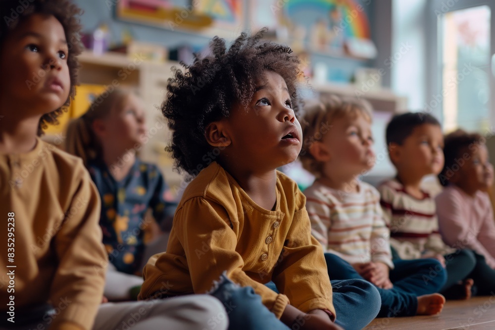 Children of various ages sitting together attentively in a classroom environment Children of various ages sitting together attentively in a classroom environment