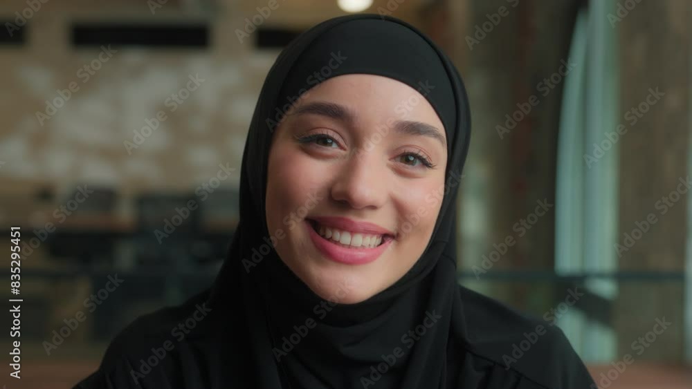 Muslim islamic woman in hijab cheerful smiling beautiful business lady Arabian islam girl student in cafe office happy face headshot positive emotions toothy smile professional businesswoman portrait Muslim islamic woman in hijab cheerful smiling beautiful business lady Arabian islam girl student in cafe office happy face headshot positive emotions toothy smile professional businesswoman portrait