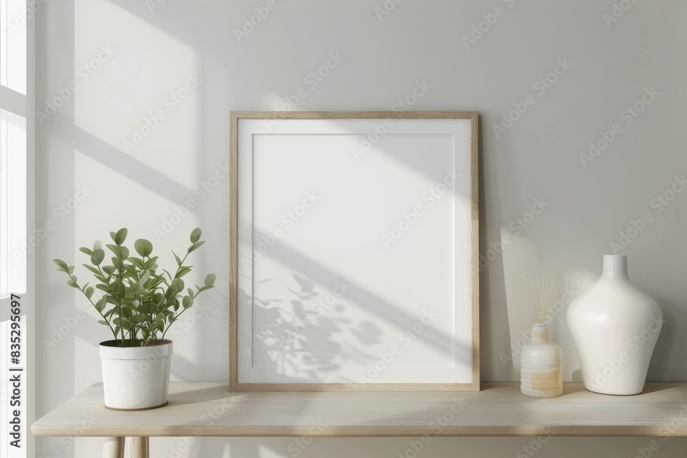 A picture frame sits on a shelf alongside a potted plant in a minimalist interior setting A picture frame sits on a shelf alongside a potted plant in a minimalist interior setting