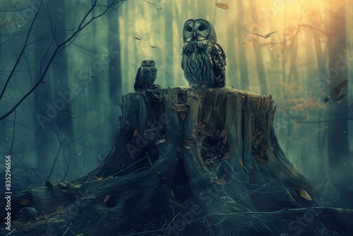 Emerging Life: A Forest Owl Family Finds Home in a Decayed Tree Stump at Twilight