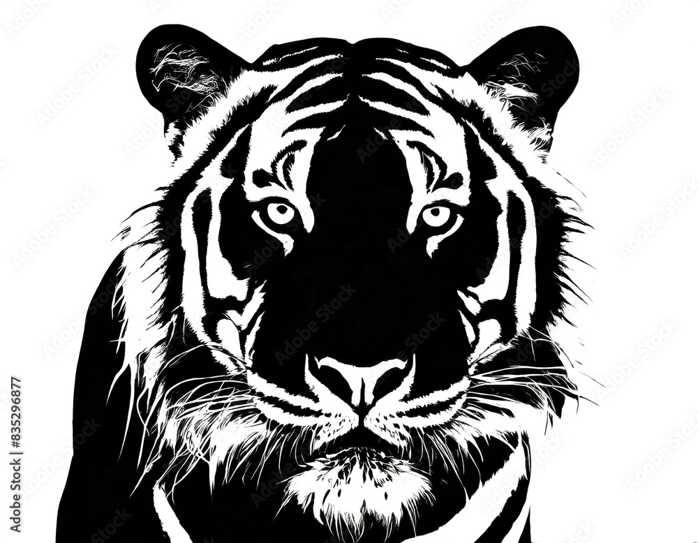 schwarz Silhouette Kontrast Tiger Kopf front isoliert auf weißen Hintergrund, Freisteller schwarz Silhouette Kontrast Tiger Kopf front isoliert auf weißen Hintergrund, Freisteller
