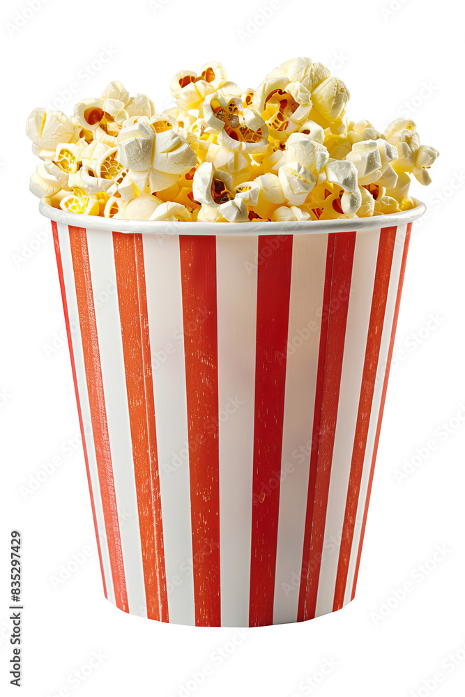 Bucket of freshly popped popcorn in a red and white striped container, ideal for movie night, parties, or snack time. Bucket of freshly popped popcorn in a red and white striped container, ideal for movie night, parties, or snack time.