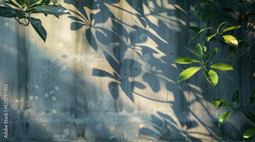 gray concrete wall with shadows of plants  texture background  wallpaper  design  architecture  stylish  backdrop  space for text  layout  material  building  blank  silver  stone  cement  clay  art