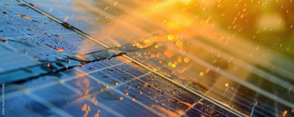 Obraz premium Yellow brush on a wet solar panel or blue surface with droplets