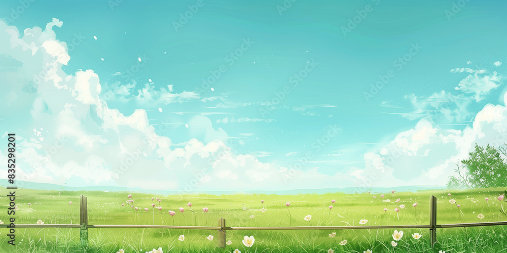 Fototapeta premium Dreamy Meadow with Wildflowers Under a Blue Sky - Generative AI
