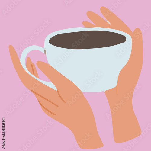 Flat vector illustration of hands holding white tea cup. The fingers are delicately wrapped around the handle.  Vector icon isolated on pink background.