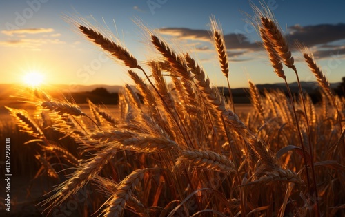 A close-up of a wheat field at sunset, with the sun shining through the stalks © Ihor