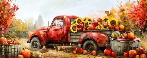 red truck full of apples and pumpkins on plaid blanket, sunflowers and baskets background, summer fall harvest concept, farm autumn landscape, watercolor illustration style, wallpaper banner drawing