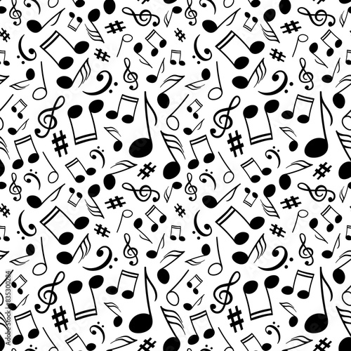 Musical notes, melody signs and symbols arranged in elegant monochrome seamless pattern. Clef signs and musical notes on a white backdrop for use in graphic and fabric design.