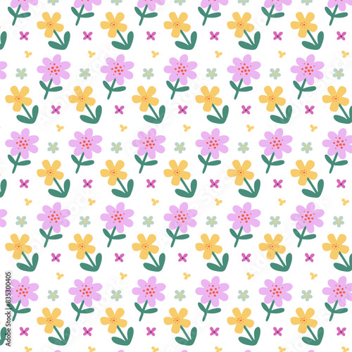 Floral regular seamless pattern. Yellow and violet flowers repeat on white background. Cute childish nature design in cartoon flat style for cover, print. Vector illustration.