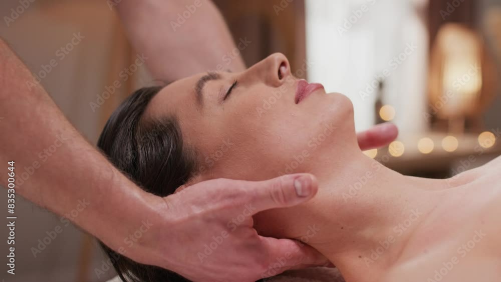 Satisfied Caucasian woman receiving massage in spa center. Professional massagist kneading neck and striking skin while female client resting on massage bed. Getting pleasure during wellness health. Satisfied Caucasian woman receiving massage in spa center. Professional massagist kneading neck and striking skin while female client resting on massage bed. Getting pleasure during wellness health.