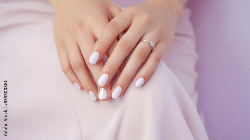 Female hands with delicate nails painted with soft pastel shades against a pastel background Female hands with delicate nails painted with soft pastel shades against a pastel background