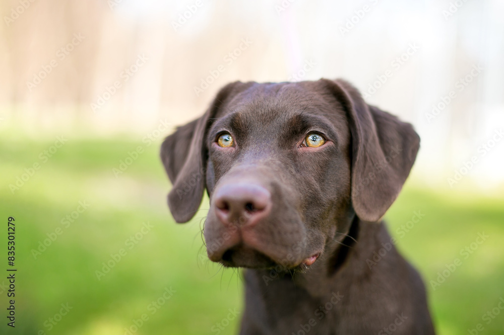 A Chocolate Labrador Retriever puppy outdoors A Chocolate Labrador Retriever puppy outdoors