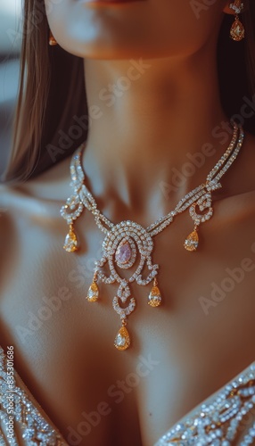 Close-Up of Elegant Gemstone Necklace with Diamonds and Yellow Pearls on Woman's Neck 
