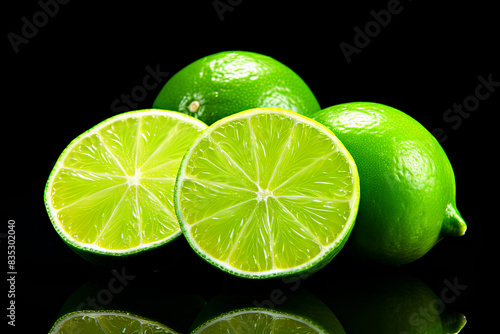 Bright and juicy fresh limes on glossy black surface showing off their bright green color and detailed texture. Perfect for cooking and health topics