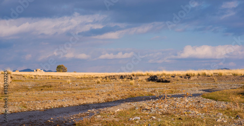 Landscape of the Tibetan Plateau. An amazing view of a desolate plain with dry grass in the foreground and mountains in the distance under storm sky.
