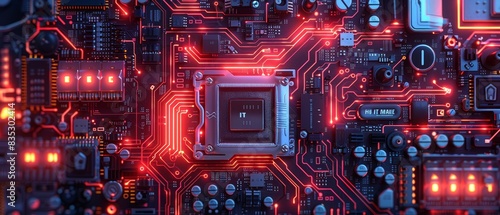 Modern Technology Concept: Motherboard integrated circuit and tech icons illustration. Futuristic background