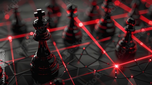 Chess-themed controlled risk plan in black, with the solution in red, 3D visualization. Great for visuals related to strategic planning and risk assessment photo