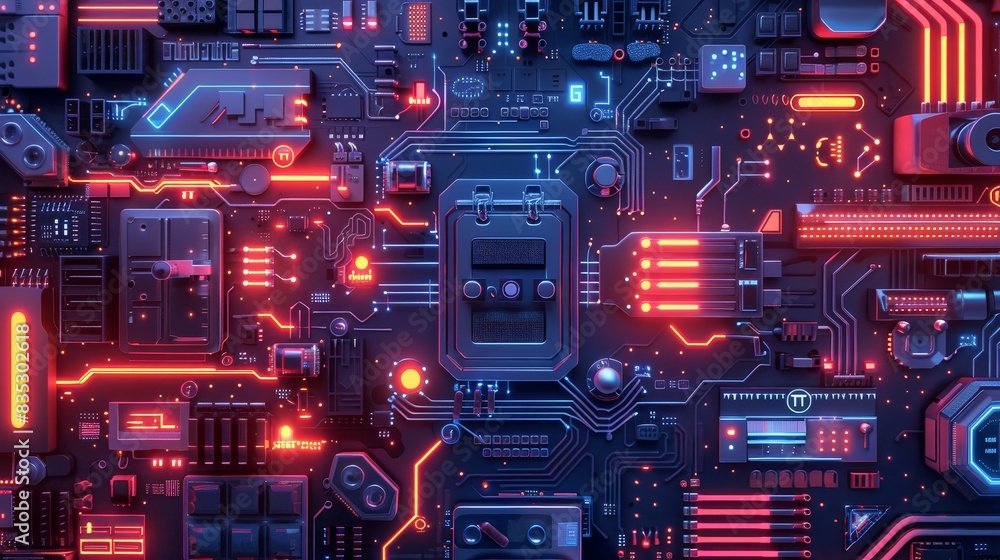 Modern Technology Concept: Motherboard integrated circuit and tech icons illustration. Futuristic background Modern Technology Concept: Motherboard integrated circuit and tech icons illustration. Futuristic background