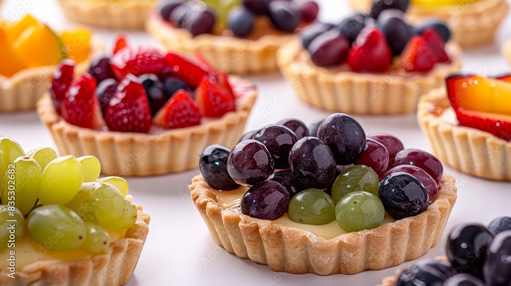 Assorted fruit tarts with grapes on a clean white background, arranged exquisitely (close up, fine desserts, realistic, Fusion, high-end restaurant backdrop) Assorted fruit tarts with grapes on a clean white background, arranged exquisitely (close up, fine desserts, realistic, Fusion, high-end restaurant backdrop)