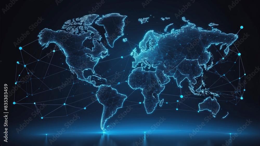 Illustration of global network connection World map with points and lines symbolizing global business relationships. Enhanced with vector glow dots in blue