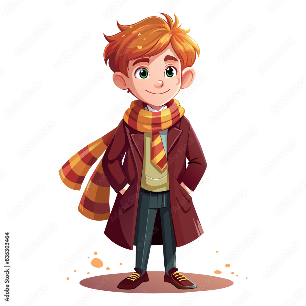 A cartoon wizard boy wearing a scarf and tie stands in front of a white background. He looks serious and focused A cartoon wizard boy wearing a scarf and tie stands in front of a white background. He looks serious and focused